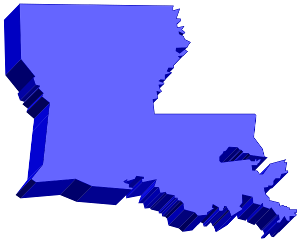 The image shows a stylized map of Louisiana with its state outline highlighted against a blue background on top left corner; it is overlaid onto an illustration that resembles a satellite view of Earth, showing North America and parts of South America in gray tones beneath the map.