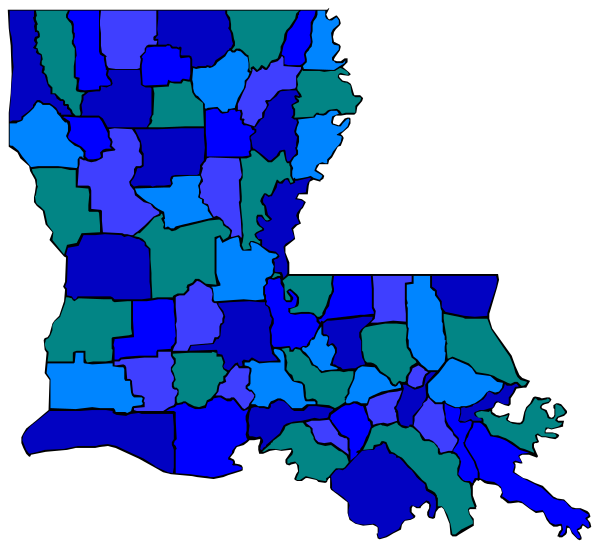The image shows a map of Louisiana with various counties highlighted by different shades of blue coloring.