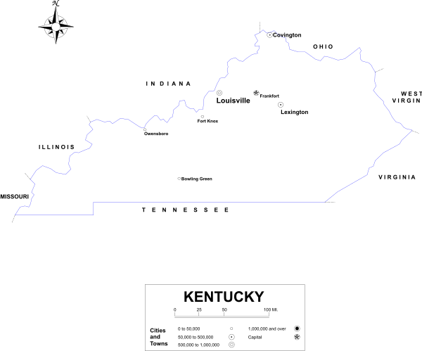 The image shows a stylized map of Kentucky with its borders outlined against a dark background; it is presented as an overlay on top of another layer that appears to be satellite imagery showing nighttime lights, possibly indicating urban areas and roads within the state boundaries.