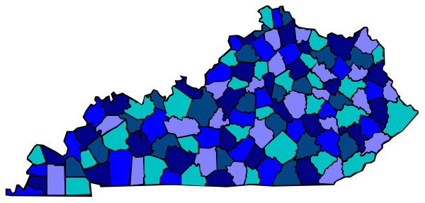 The image shows a stylized map of Kentucky with blue shading representing different areas within its borders.