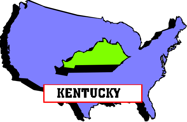 The map shows a stylized representation of Kentucky with its borders highlighted against an American flag background that includes all 50 states in shades of blue and green. There is no text present on this image to provide additional context about what it represents beyond being related to "Kentucky." It appears to be a simplified, cartoon-like map rather than a detailed geographic representation with topographical features or cities labeled.