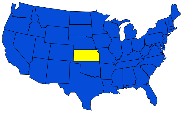 The map shows a blue outline of all fifty states with yellow highlighting on Kansas state within the United States.