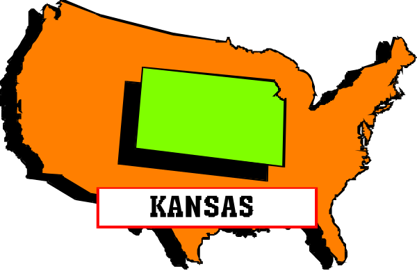 The image shows a stylized map of Kansas with an orange border on top of it against a black background; there is also text that reads "KANSAS" in white letters atop the state outline and below, smaller red lettering says "USA."