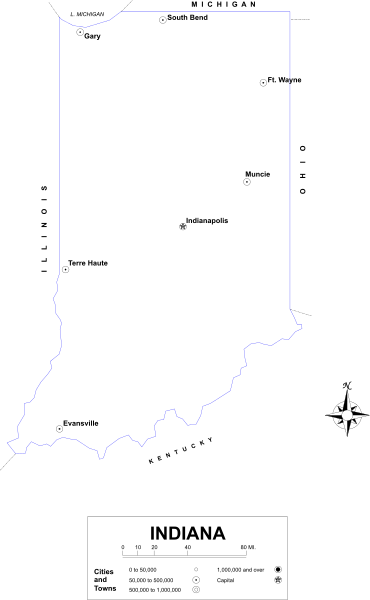 The image shows a map with an overlaid blue outline of Indiana state, indicating its borders within the United States.
