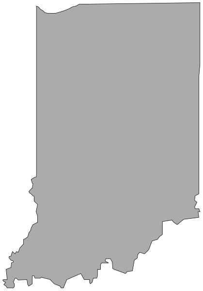 The image shows a gray map of Indiana with its borders outlined against black background.
