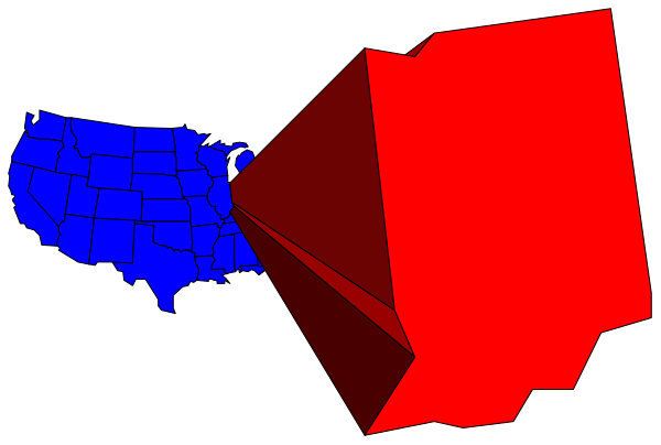 The image shows a map of the United States with two red states highlighted on it; there is also an overlaid graphic that resembles a shark fin in blue superimposed across part of one state, and another smaller rectangle labeled "USA" at its center.