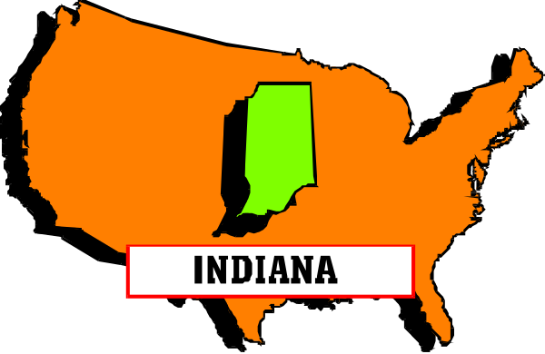 The map shows a stylized representation of Indiana with an overlay that includes text "INDIANA" at its center in large white letters on top of a red background within which is smaller black lettering reading "USA."