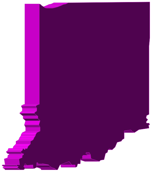 The image shows a purple outline of an Indiana state map with its borders highlighted against a white background.