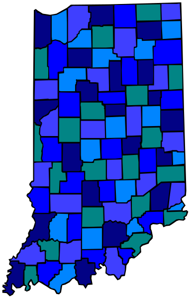 The image shows a stylized map of Indiana with counties colored blue overlaid on top of it.