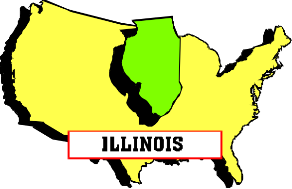 The image shows a stylized map of Illinois with an overlay that reads "Illinois" at both ends; it is in black-and-white format against a dark background.