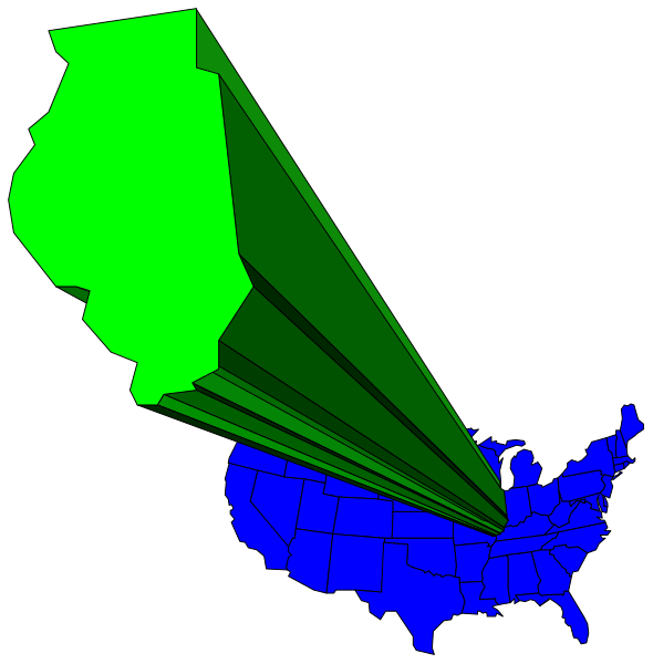 The image shows a green map of North America with an overlay that includes two different projections: on top is a 3D perspective view showing Alaska in detail while other states appear to be flattened, and below it is another projection where all but one state (which appears as the United States) are obscured by what looks like green cones. The image has been edited with annotations that include two different projections of a map: on top left there's a 3D perspective view showing Alaska in detail while other states appear to be flattened, and below it