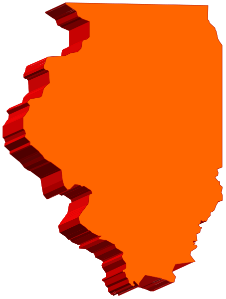The image shows a stylized map of Illinois with an orange outline around it on what appears to be a black background.