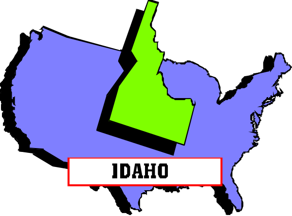 The image shows a map of Idaho with its borders highlighted against an American flag background that includes all 50 states in different shades of blue on top of it; there is also text at the bottom right corner reading "IDAHO" and below, smaller white lettering reads "USA."