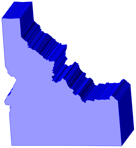 The image shows a stylized map of Idaho with an overlaid blue topographical relief graphic on it.