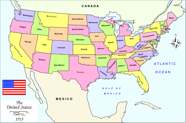 The map shows a section of the United States with various states labeled; it is overlaid on an American flag background in one corner.