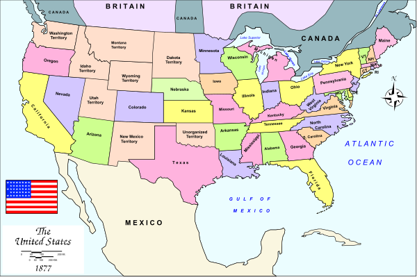 The map shows a section of the United States with states labeled such as "New York," "California," "Florida," etc., indicating state names in different parts of the country; there is also an American flag on one side and what appears to be oceanic borders at both ends, suggesting this could represent part of North America.