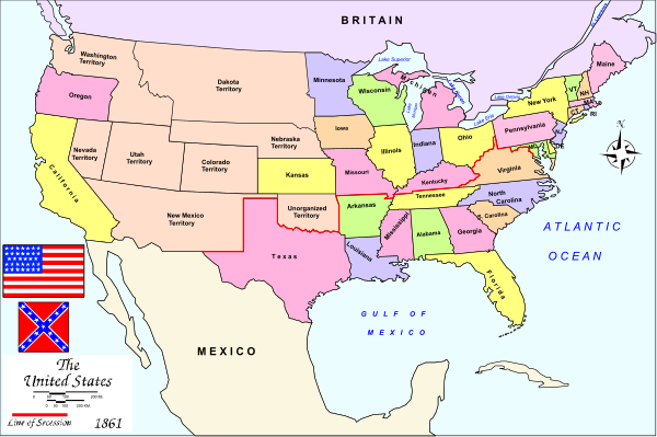 The map shows a section of the United States with various states labeled; it is overlaid on an American flag background.