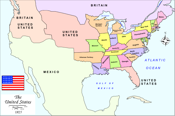 The map shows a section of North America with various states labeled on it; there is an American flag at top left corner indicating United States territory.