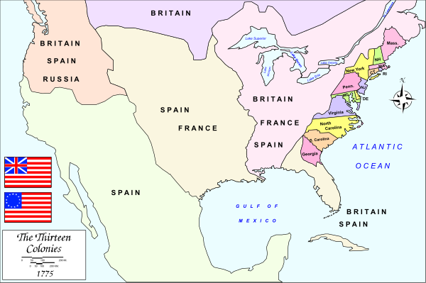 The map shows a section of North America with various countries labeled on it: Britain, Spain, France, Atlantic Ocean, Mexico, Canada, United States (with states like New York highlighted), Russia, China, Japan, and several others not fully visible in this image. There is also an American flag at the bottom right corner along with two other flags that are partially obscured by text; one of them appears to be a British flag due to its design resembling it. The map has been overlaid on top of another layer, which seems like a political or territorial division map in