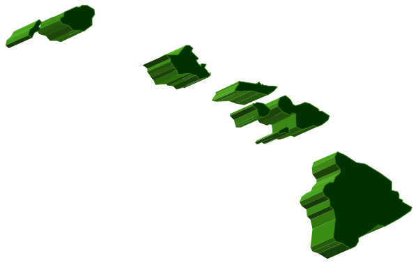 The image shows a stylized map with several islands depicted as green shapes against a dark background.