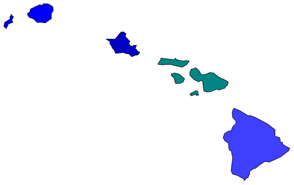 The image shows a map of Hawaii with various islands highlighted by different colored markers on it against a black background.