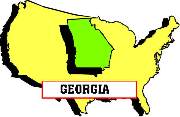 The image shows a map of the United States with states highlighted; specifically, it focuses on Georgia by displaying its outline in yellow against a black background.