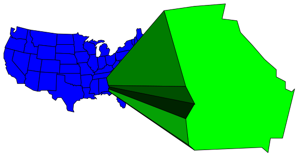 The image shows a map of North America with two overlapping shapes: an area colored blue that resembles water and another shape in green which appears to be landmasses.