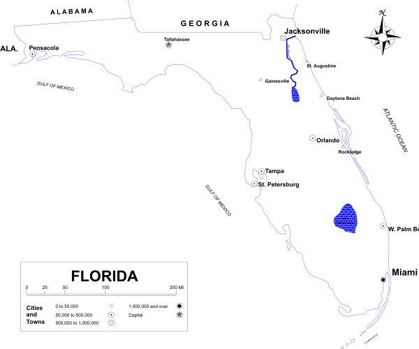 The image shows a stylized map of Florida with an overlay that appears to be satellite imagery from space showing stars in various locations across the state.