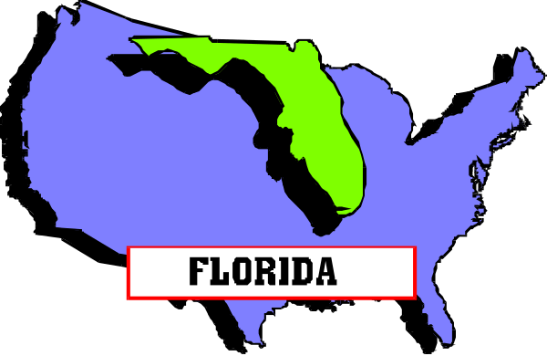 The image shows a stylized map of Florida with its borders outlined against an American flag background.
