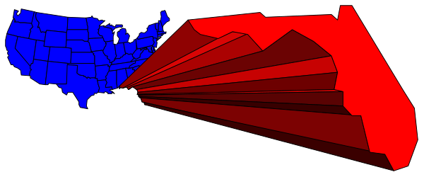The image shows a map of the United States with two red states highlighted on it; there is also an overlay that appears to be a magnifying glass focused specifically on these two areas.