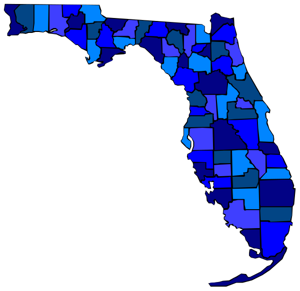 The image shows a stylized map of Florida with various counties highlighted by different shades of blue on top of it against a black background; there is no text present in this clip-art representation.