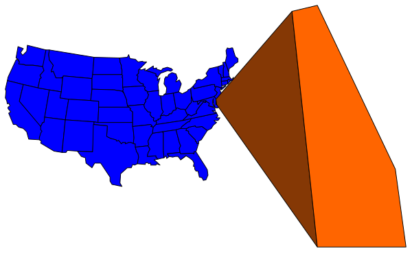 The image shows a map of the United States with two states highlighted: California is blue while Arizona appears to be orange due to an overlaying object that resembles a paper airplane in flight above it, suggesting travel between these locations.