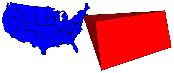 The image shows a map of the United States with two rectangles superimposed on it: one red rectangle covering part of California and another blue rectangle over New York state; there is no text present in this clip-art image, which focuses solely on these geographical elements without any additional context or details.