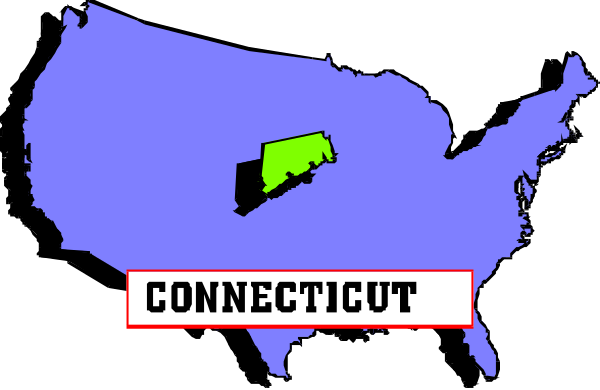 The map shows a stylized representation of Connecticut within the United States with its borders highlighted against a blue background.