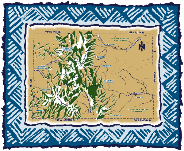 The image shows a map of mountains with blue lines indicating roads overlaid on it within an intricate border design that resembles snowflakes in white against a dark background.