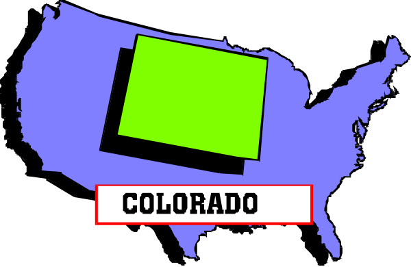 The image shows a stylized map of Colorado with its state abbreviation "CO" prominently displayed in white text on top right corner against blue background that represents the United States.