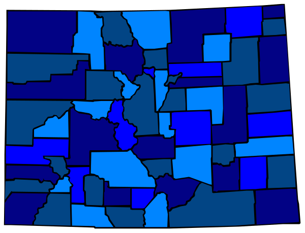 The image shows two side by side maps of a state with blue counties indicating areas that voted for Democrats during an election.
