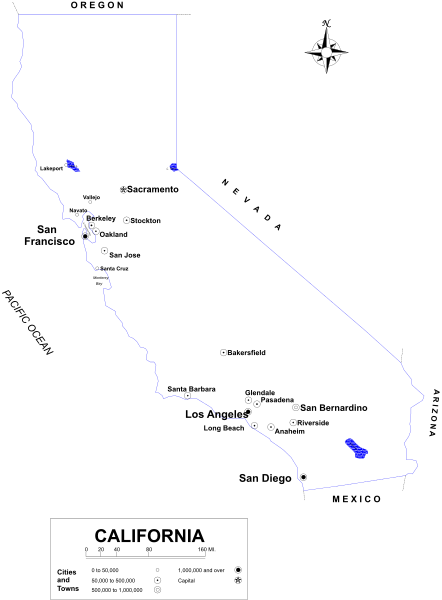 The map shows a stylized outline of California with two blue lines indicating routes through it; there is no text present in this image.