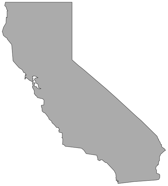 The image shows a stylized map of California with its borders outlined against a black background.