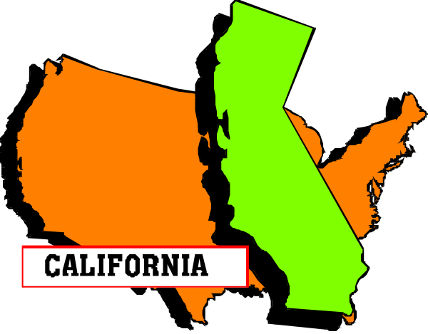 The image shows a stylized map of California with an overlay that includes two states: "California" on top in white text and "USA" at bottom right corner also written in white but smaller font size, both superimposed onto what appears to be a black background.