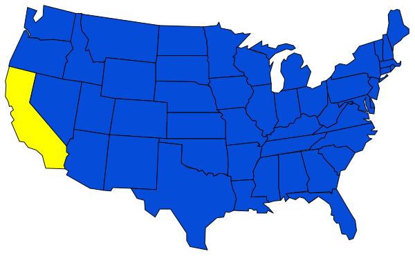 The map shows a blue United States with California highlighted by yellow borders around it.