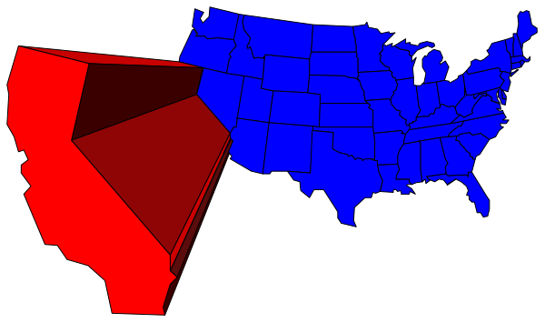 The map shows a red state with an arrow pointing to it from another location labeled "California."