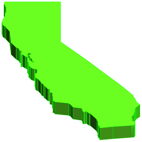 The image shows a stylized map of California with its borders highlighted by green lines against a black background.