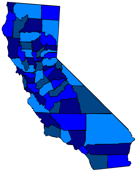The map shows a blue shaded California state with counties outlined by white lines on a black background.