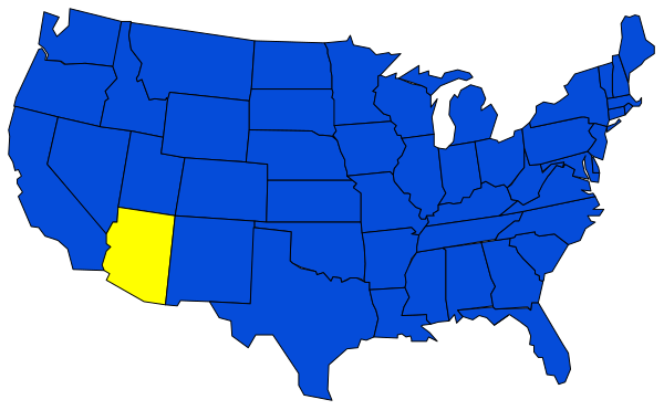 The map shows a blue United States with California highlighted by yellow borders around it.