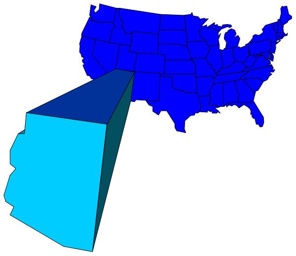 The image shows a map of the United States with blue states highlighted against a black background on top left corner; below it is an overlay graphic that looks like a barcode in shades of purple and green, which appears to be superimposed onto another layer showing what seems to be California's coastline.