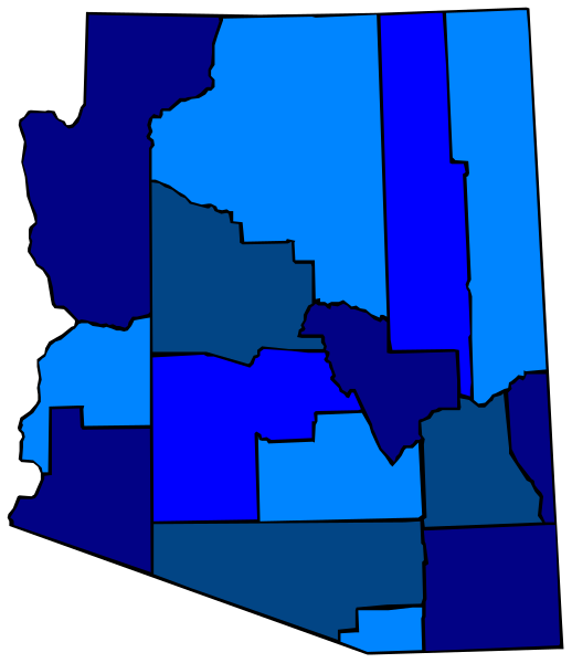 The map shows a state with counties colored blue and red, indicating different levels of some measure such as population density or political affiliation.