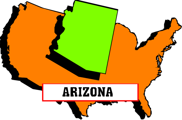 The image shows a stylized map of Arizona with an overlay that includes text "Arizona" at its center in white font on top of two rectangles: one green rectangle labeled "USA," indicating United States, and another red rectangle below it marked as "ARIZONA."