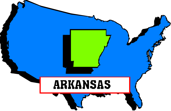 The image shows a stylized map of Arkansas with its state abbreviation "AR" prominently displayed in white text on top left corner against blue background representing United States.