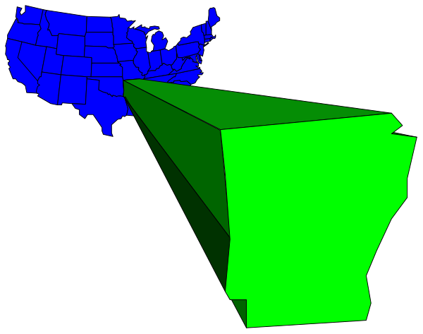 The image shows a map of North America with an overlaid green triangle that appears to be distorted by heat waves emanating from it.